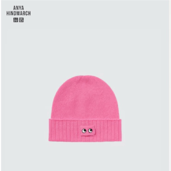 Anya Hindmarch Uniqlo collab pink 100% cashmere knitted beanie hat tuque NWT - Picture 1 of 8